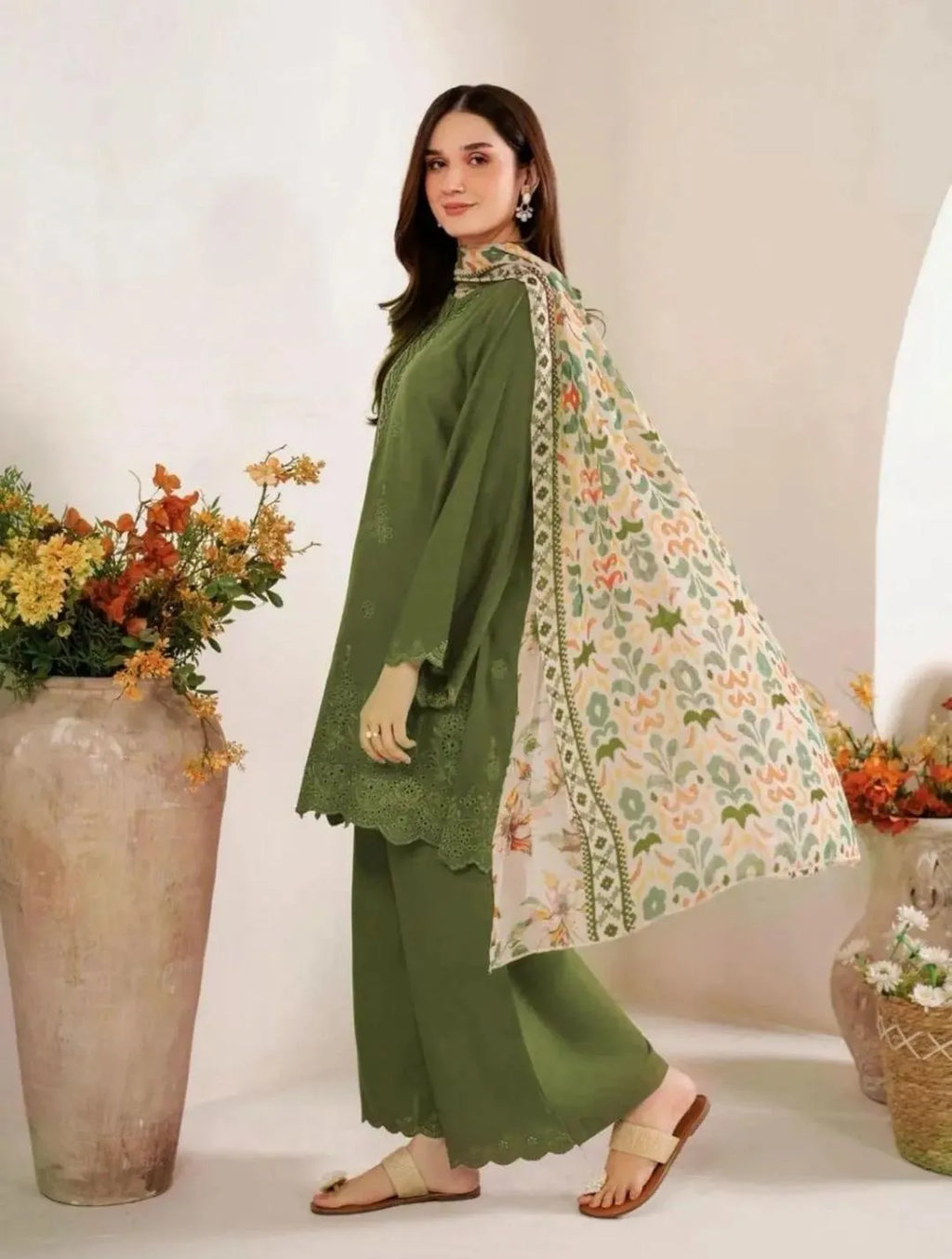 Green Lawn 3-Piece Suit with Chikankari Embroidery & Floral Dupatta