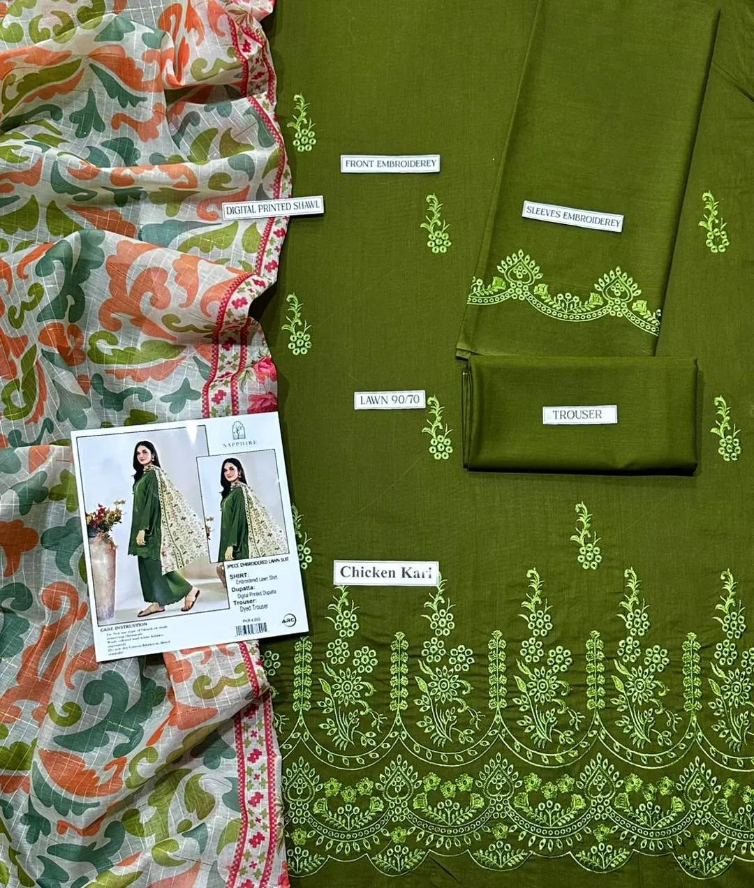 Green Lawn 3-Piece Suit with Chikankari Embroidery & Floral Dupatta