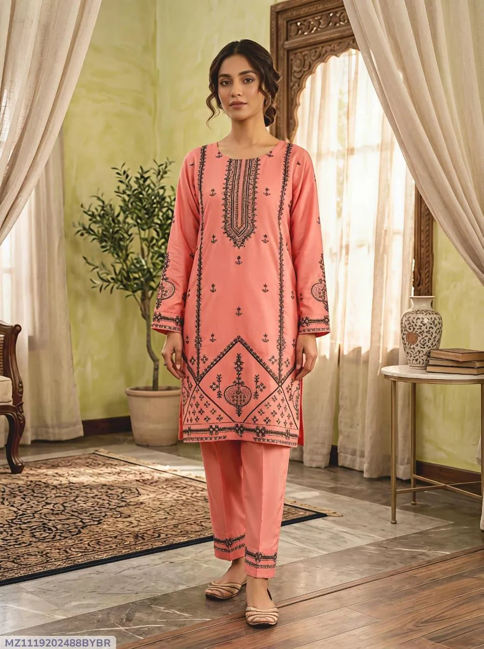 Cotton Embroidered 2-Piece Set Coral Pink Large