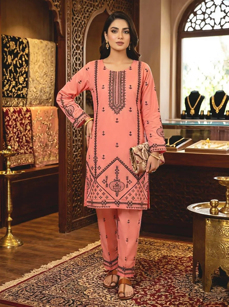 Cotton Embroidered 2-Piece Set Coral Pink Large