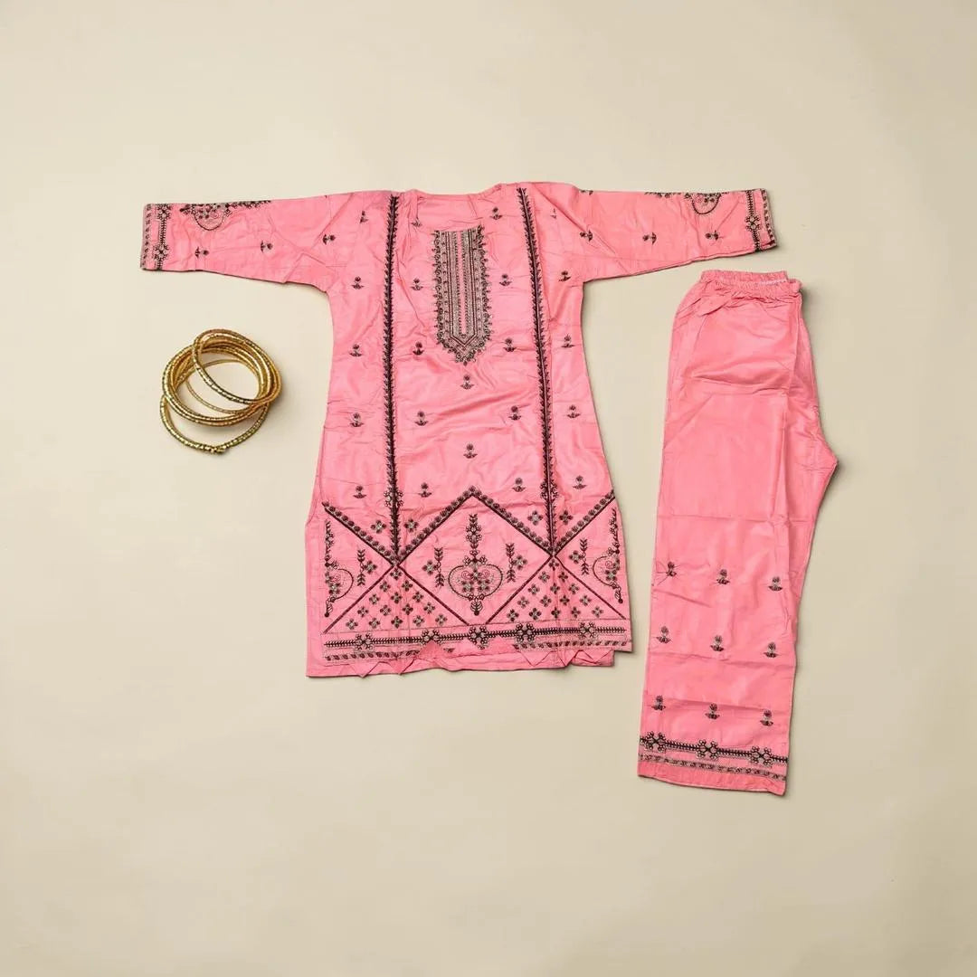 Cotton Embroidered 2-Piece Set Coral Pink Large