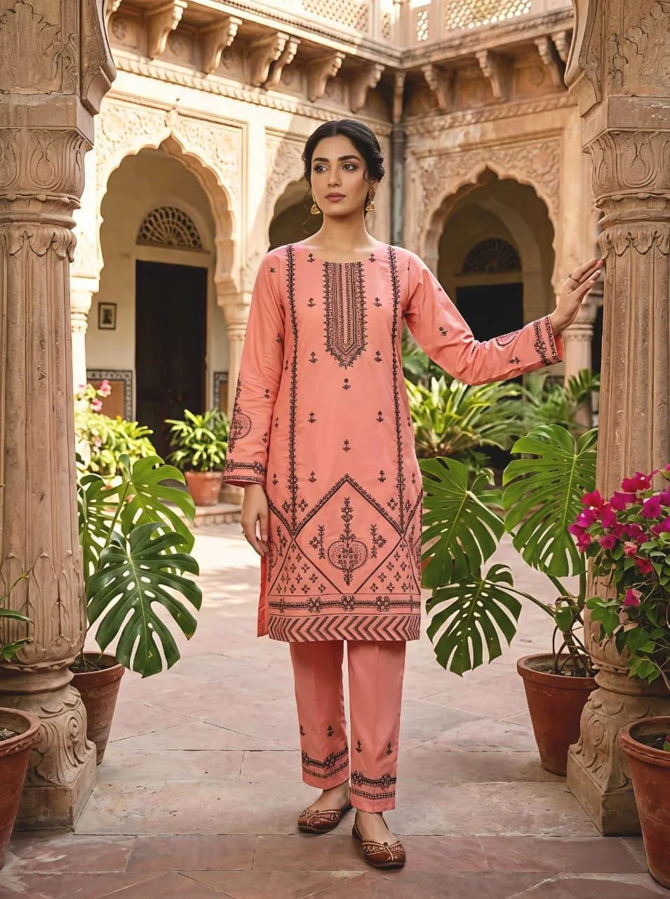 Cotton Embroidered 2-Piece Set Coral Pink Large