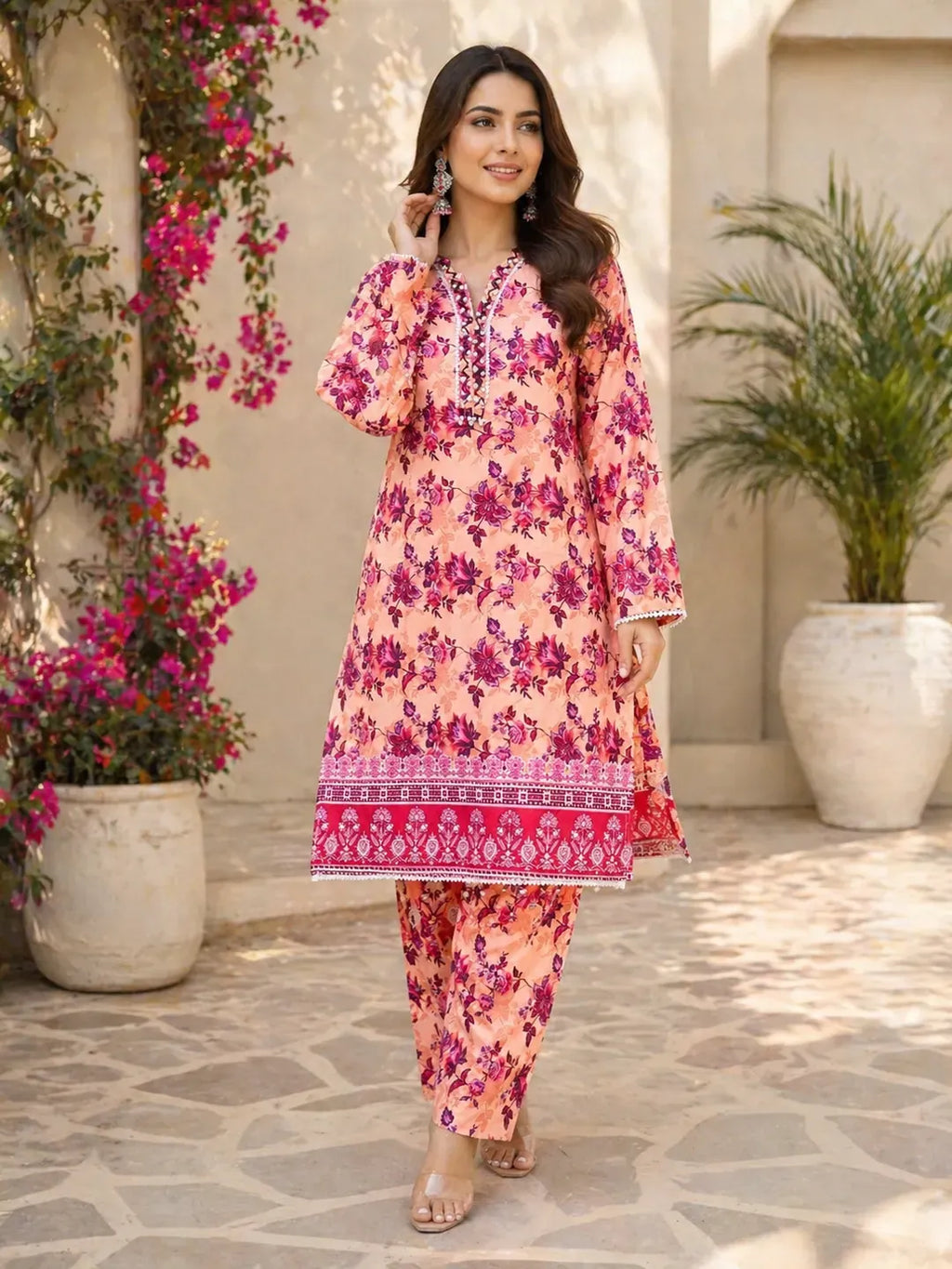 Pakistani Floral Printed Kurta Pajama Set Pink