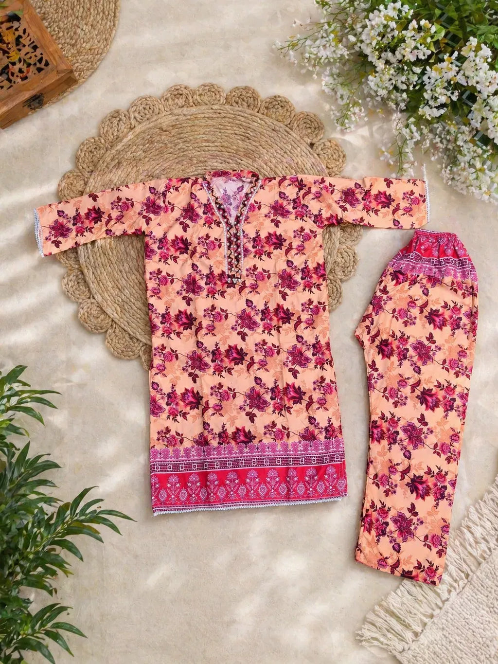 Pakistani Floral Printed Kurta Pajama Set Pink