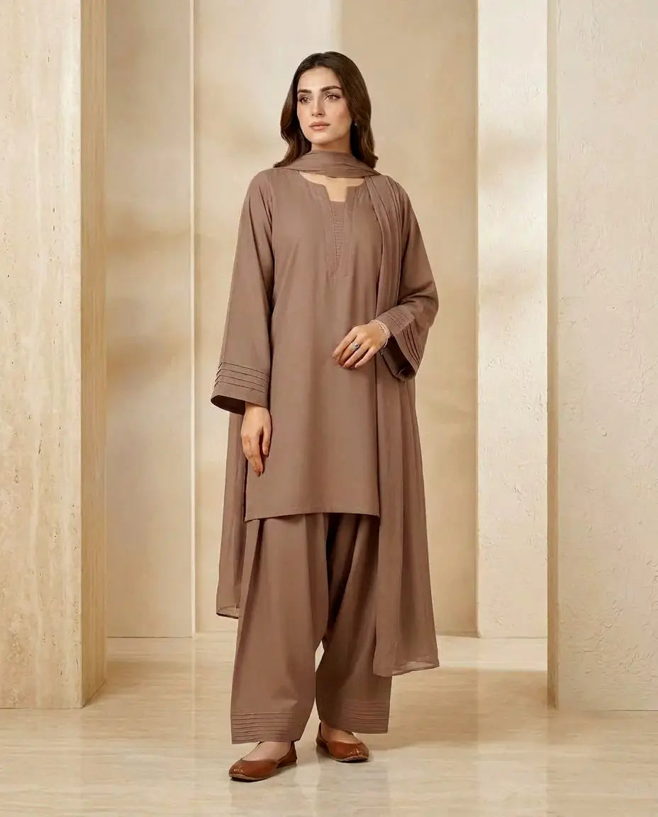 3 Pcs Women's Stitched Cotton Plain Suit