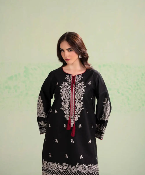 2 Pcs Women's Stitched Cotton Embroidered Shirt And Trouser