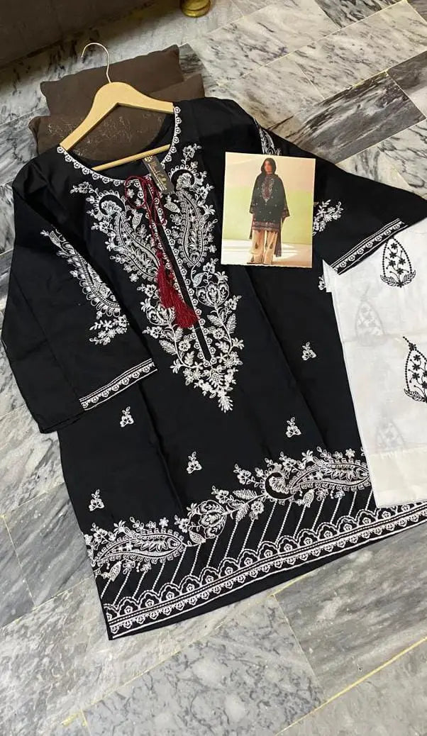 2 Pcs Women's Stitched Cotton Embroidered Shirt And Trouser