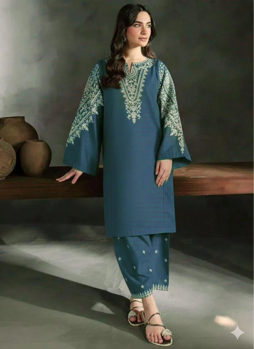 Turquoise Embroidered Lawn 2-Piece Wedding Suit for Women