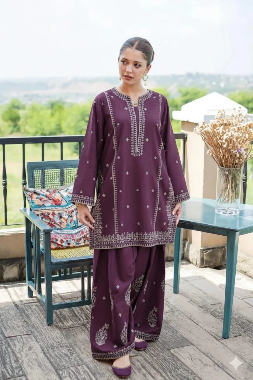 Purple Embroidered 2-Piece Lawn Suit for Women