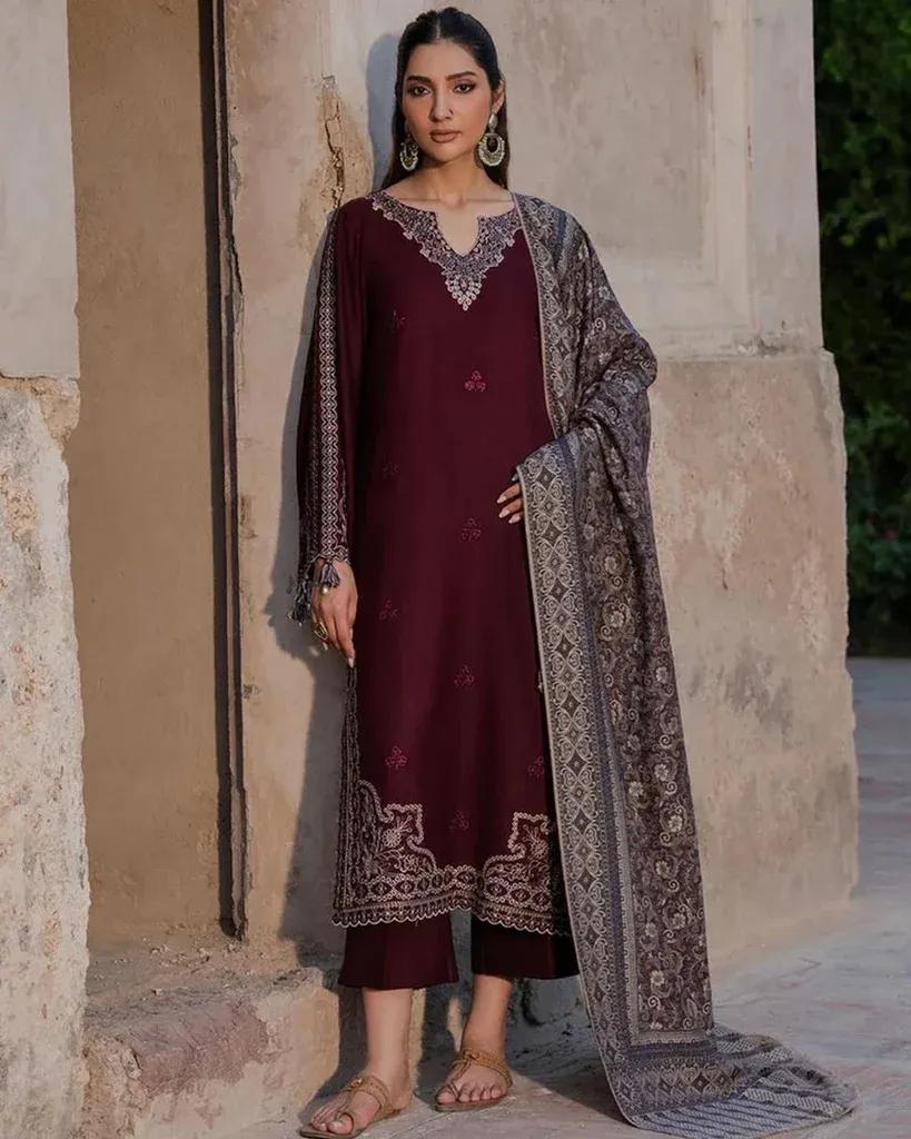 Maroon Embroidered 3-Piece Lawn Suit for Eid & Parties