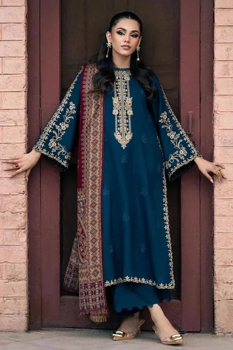 Blue Embroidered Kurta Set with Shawl for Women