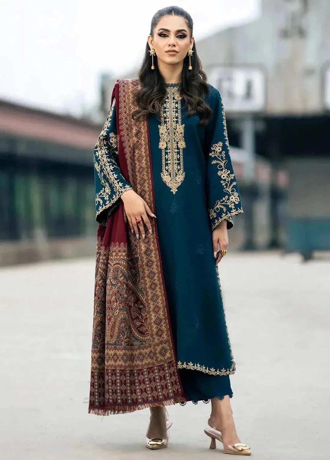 Blue Embroidered Kurta Set with Shawl for Women