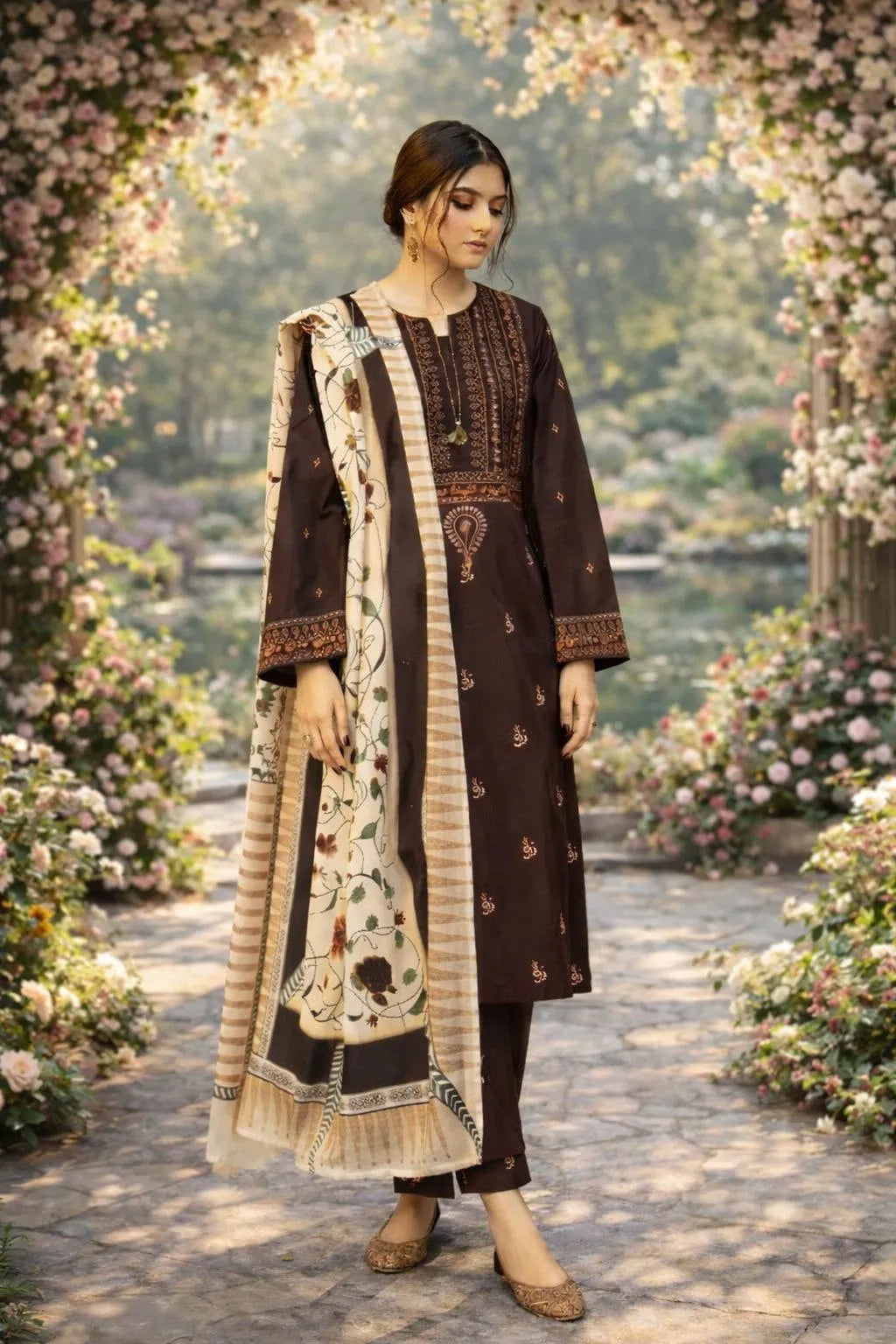3pc Embroidered Lawn Suit Brown with Dupata Print