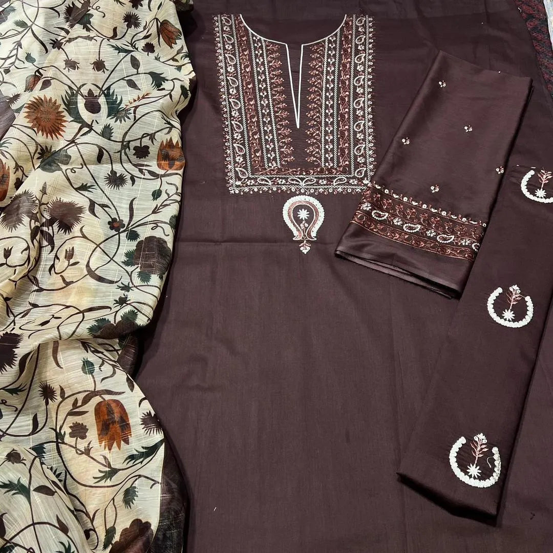 3pc Embroidered Lawn Suit Brown with Dupata Print