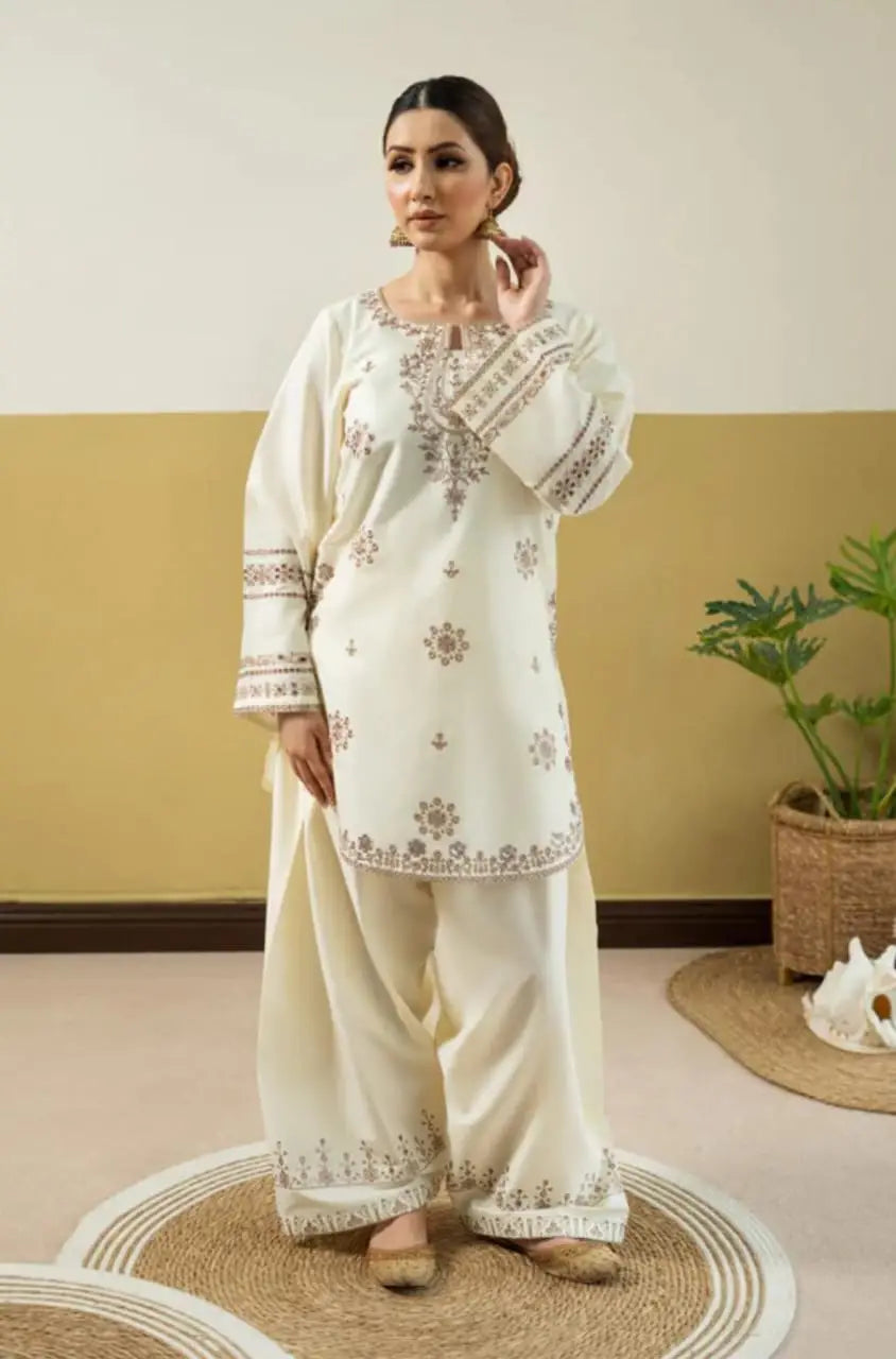 2 Pcs Women's Stitched Cotton Embroidered Shirt And Trouser