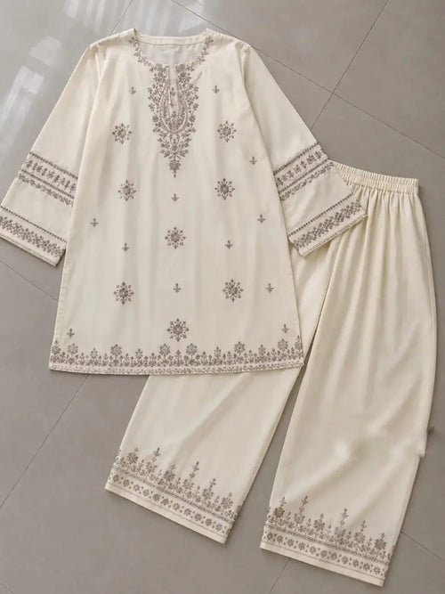 2 Pcs Women's Stitched Cotton Embroidered Shirt And Trouser