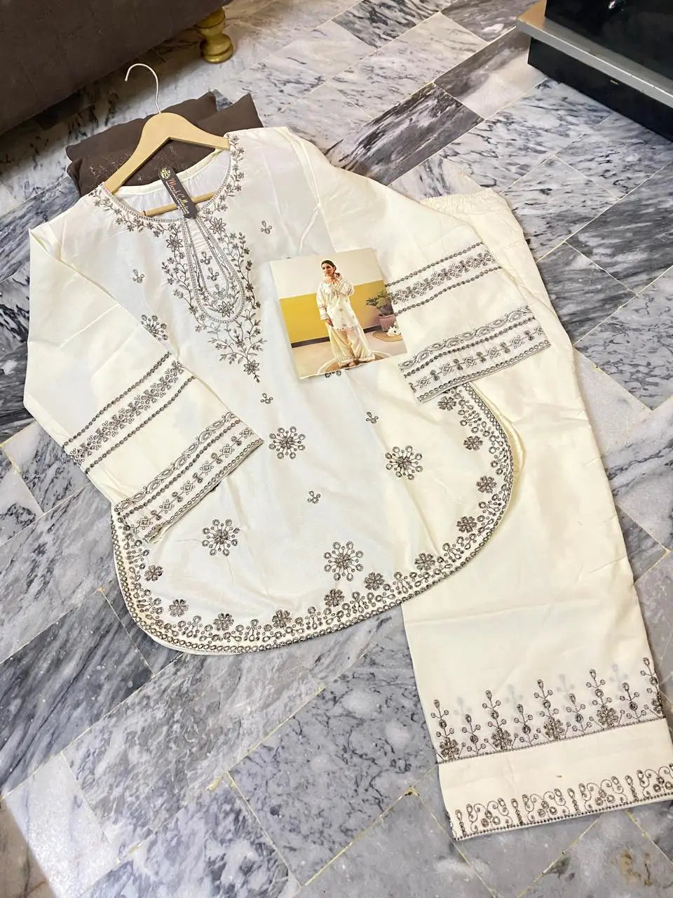2 Pcs Women's Stitched Cotton Embroidered Shirt And Trouser