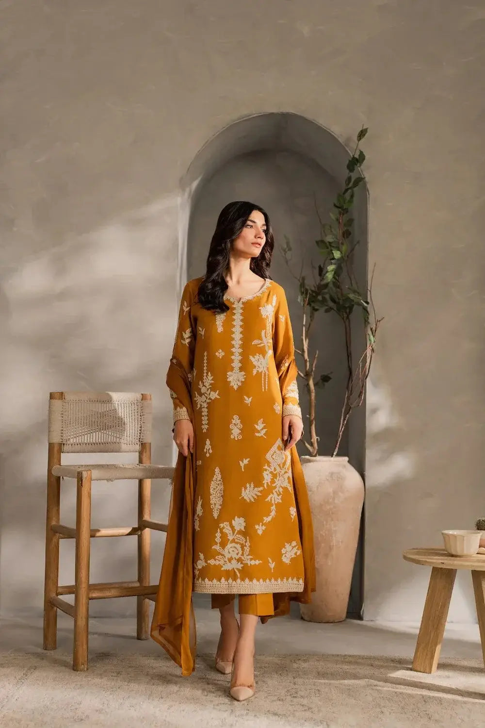 Chic Mustard Linen Embroidered Suit - 3 Pcs Set for Women's Fashion
