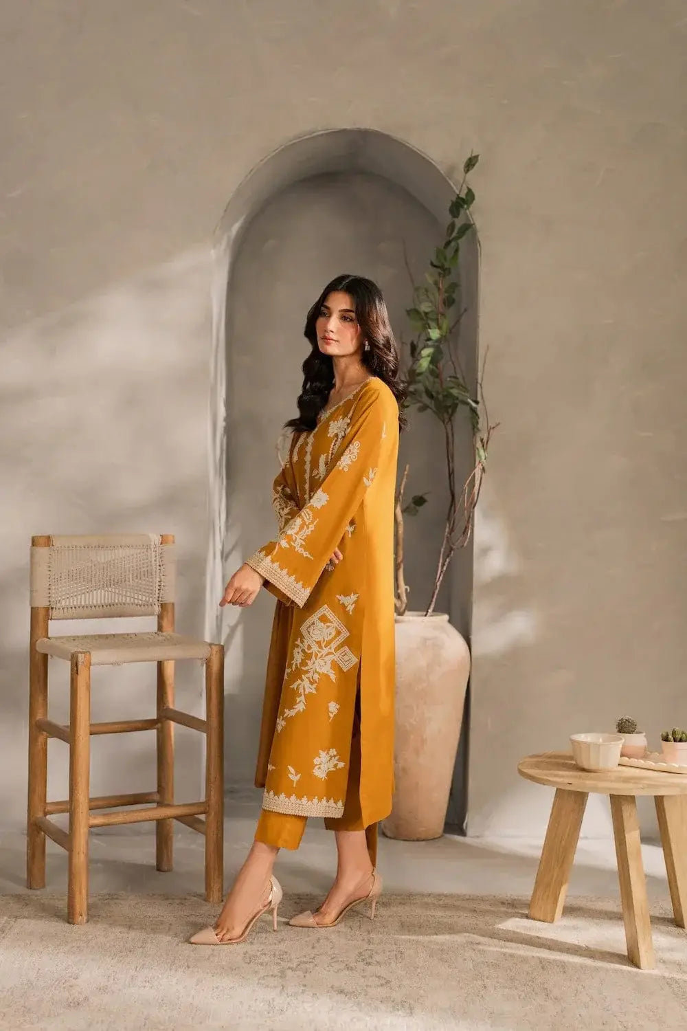 Chic Mustard Linen Embroidered Suit - 3 Pcs Set for Women's Fashion