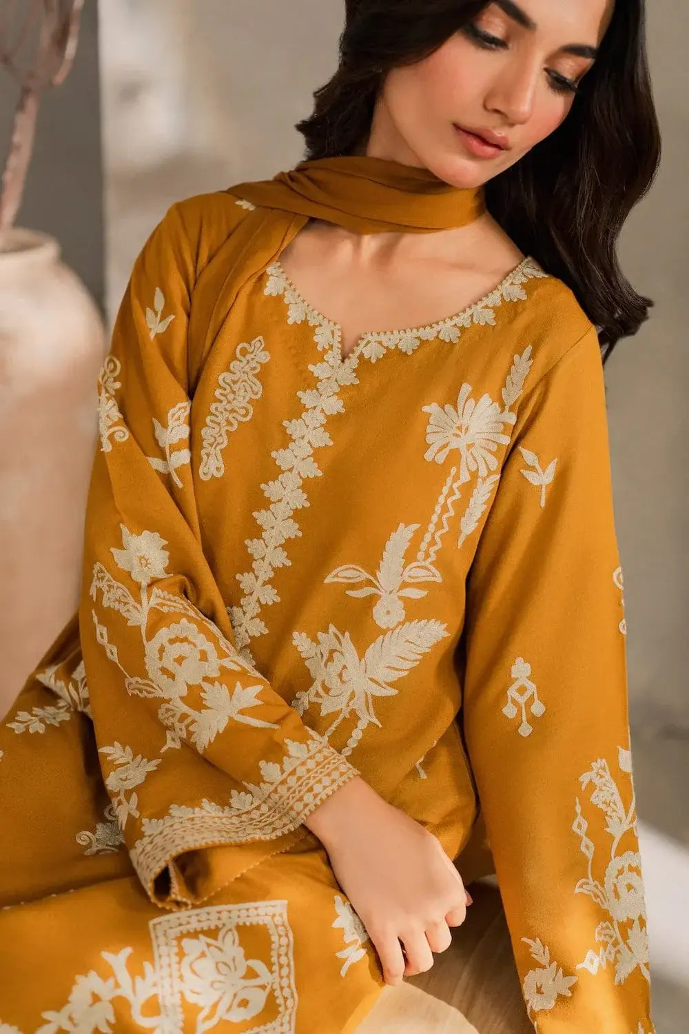 Chic Mustard Linen Embroidered Suit - 3 Pcs Set for Women's Fashion