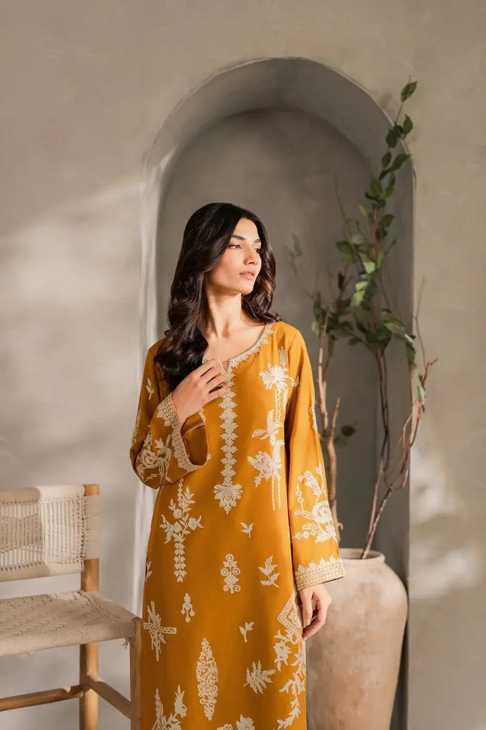 Chic Mustard Linen Embroidered Suit - 3 Pcs Set for Women's Fashion