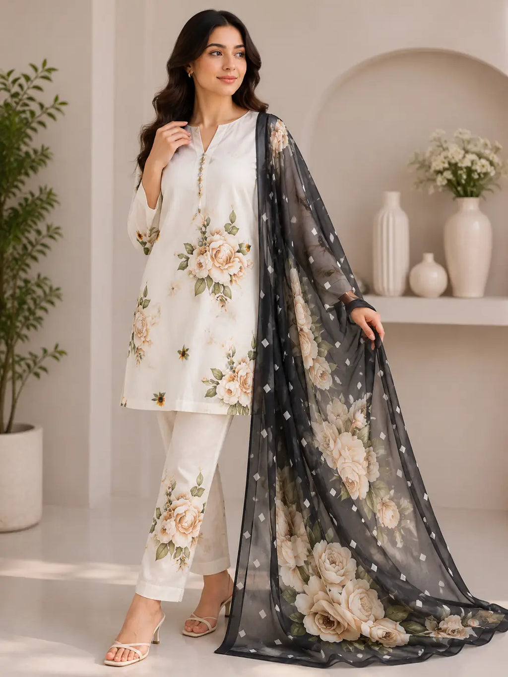 3 Piece Swiss Lawn Suit for Women - Digital Printed Lawn Dress with Crinkle Chiffon Dupatta
