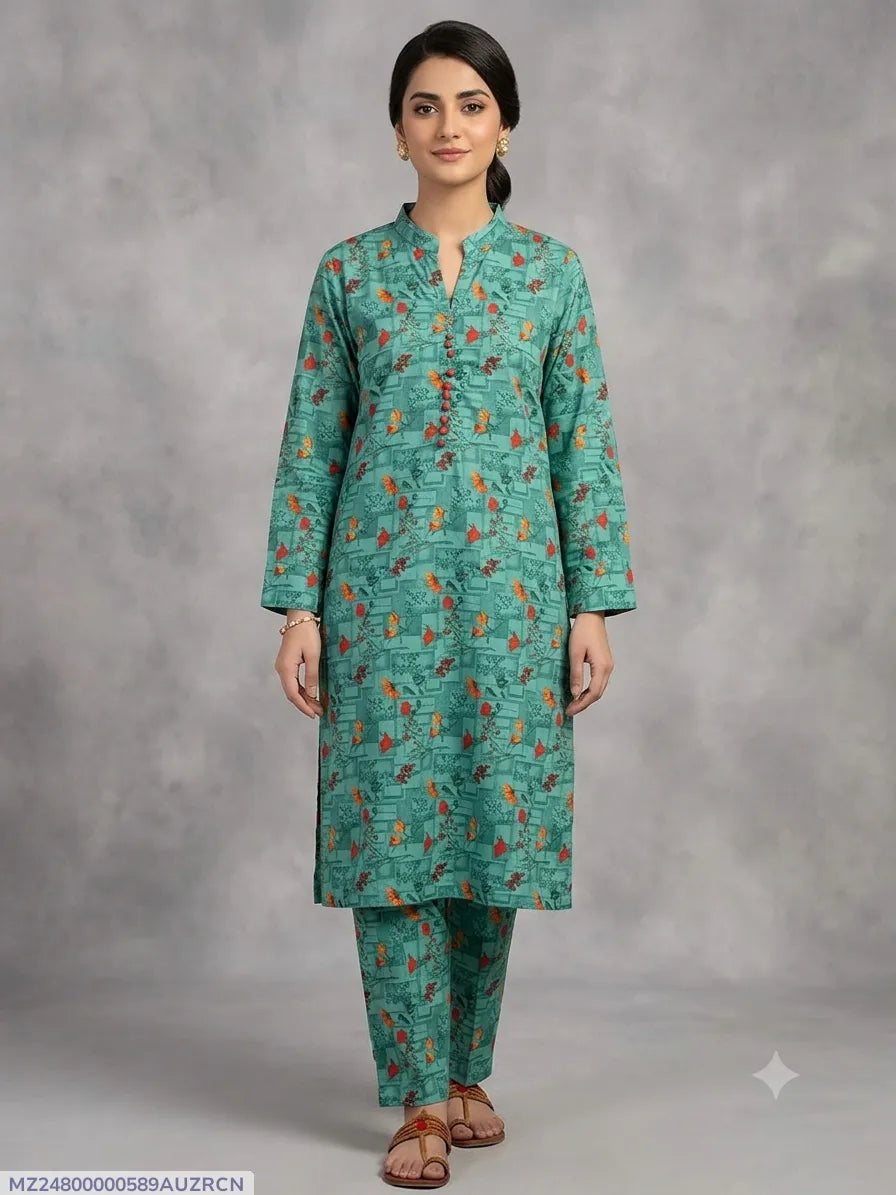 2 Pcs Women's Stitched Cotton Printed Shirt And Trouser
