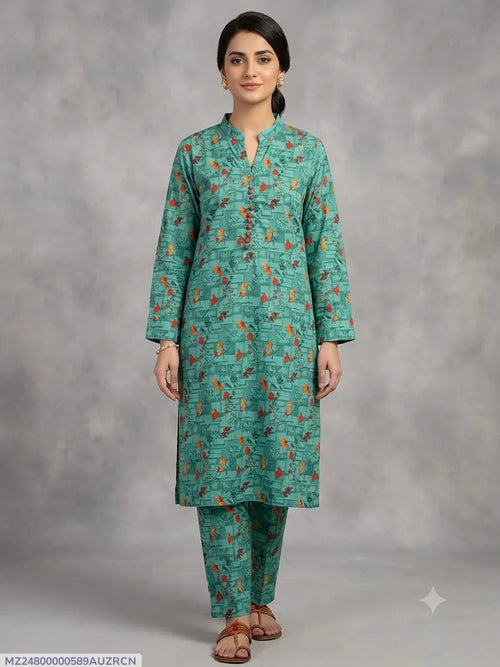 2 Pcs Women's Stitched Cotton Printed Shirt And Trouser