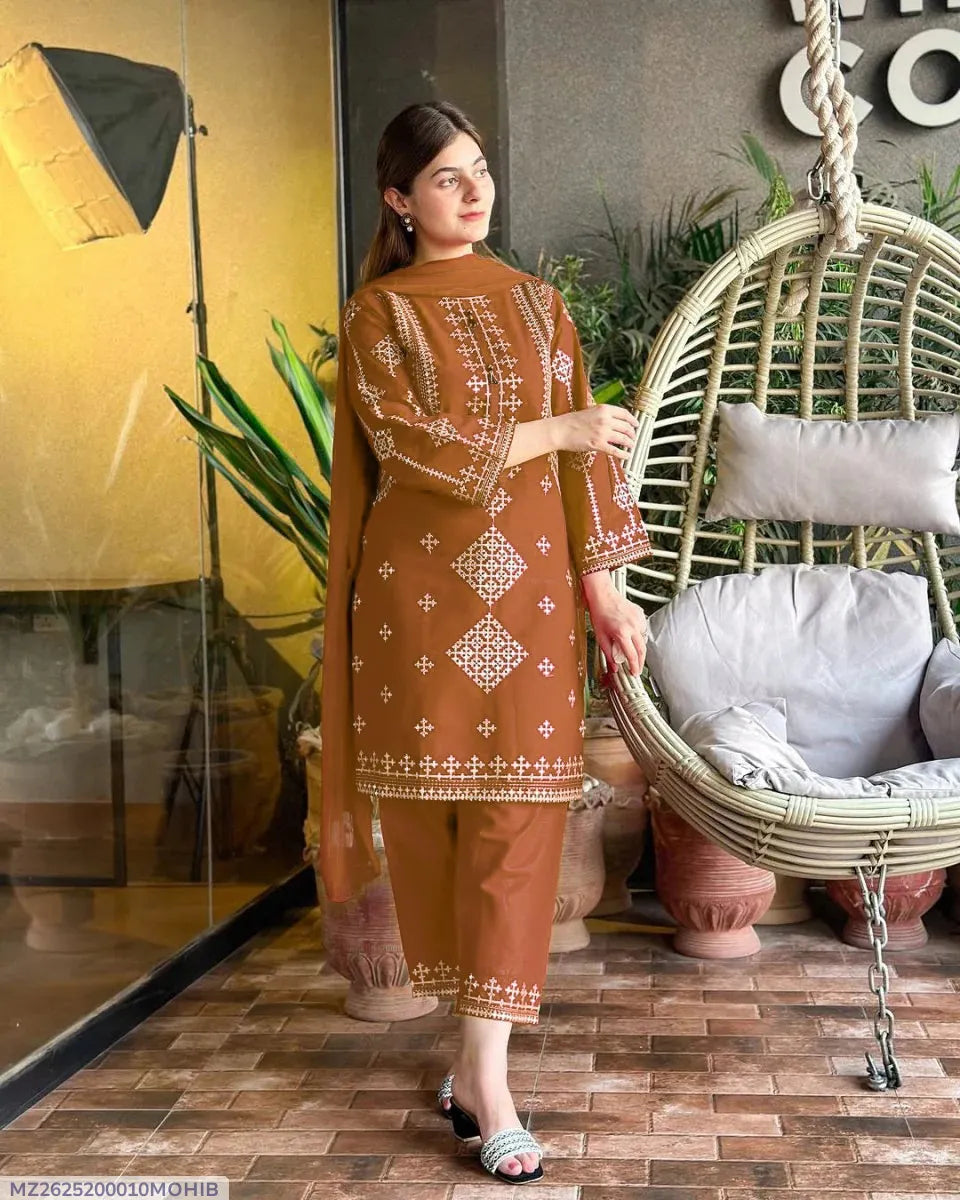 3 Pcs Women's Stitched Cotton Embroidered Suit