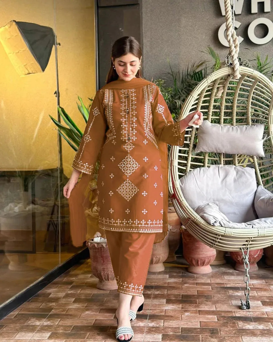 3 Pcs Women's Stitched Cotton Embroidered Suit