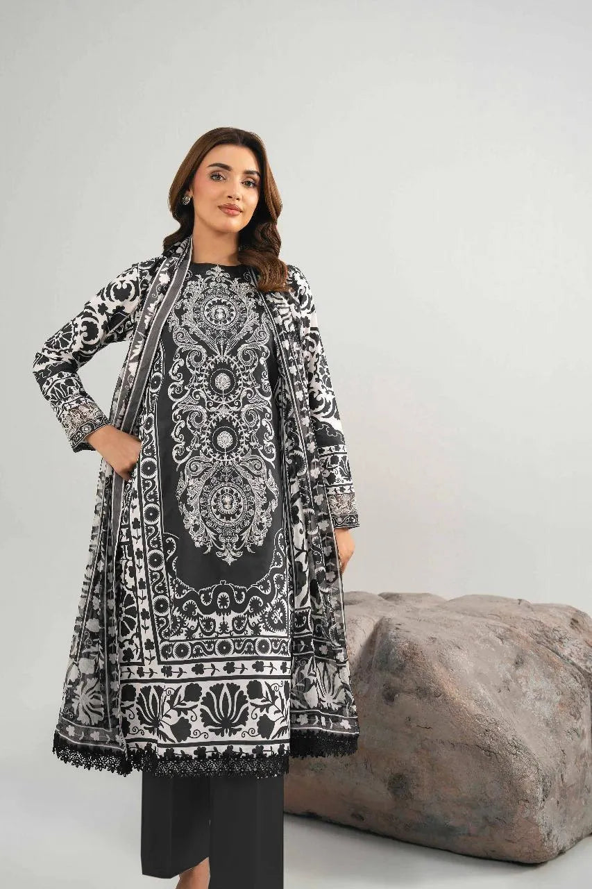 Black & White Printed 3-Piece Karandi Suit for Women