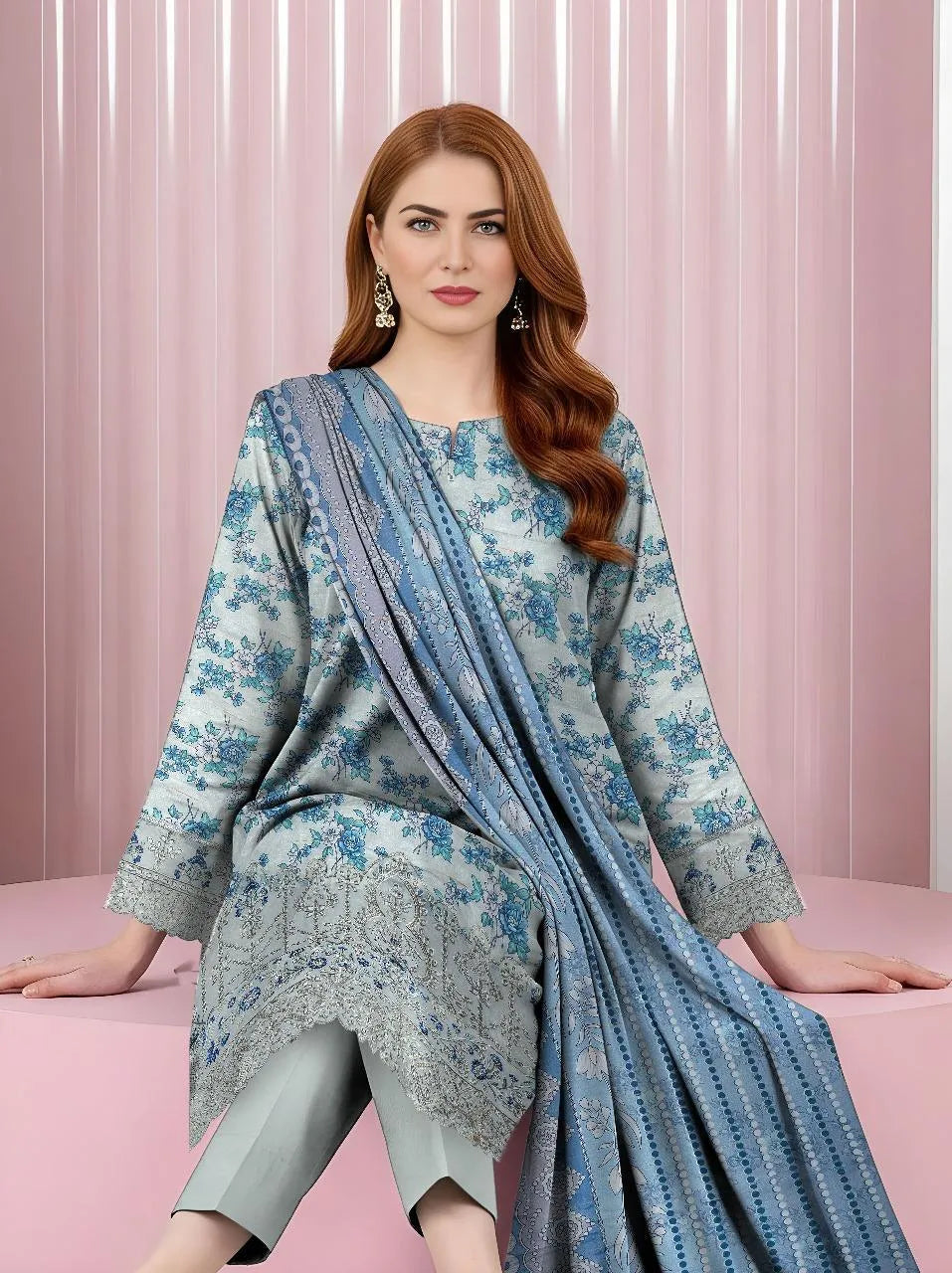 Unstitched Printed Khaddar Suit Grey 3-Piece Set