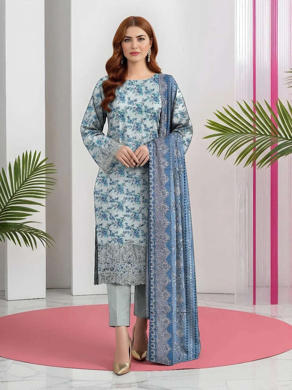 Unstitched Printed Khaddar Suit Grey 3-Piece Set