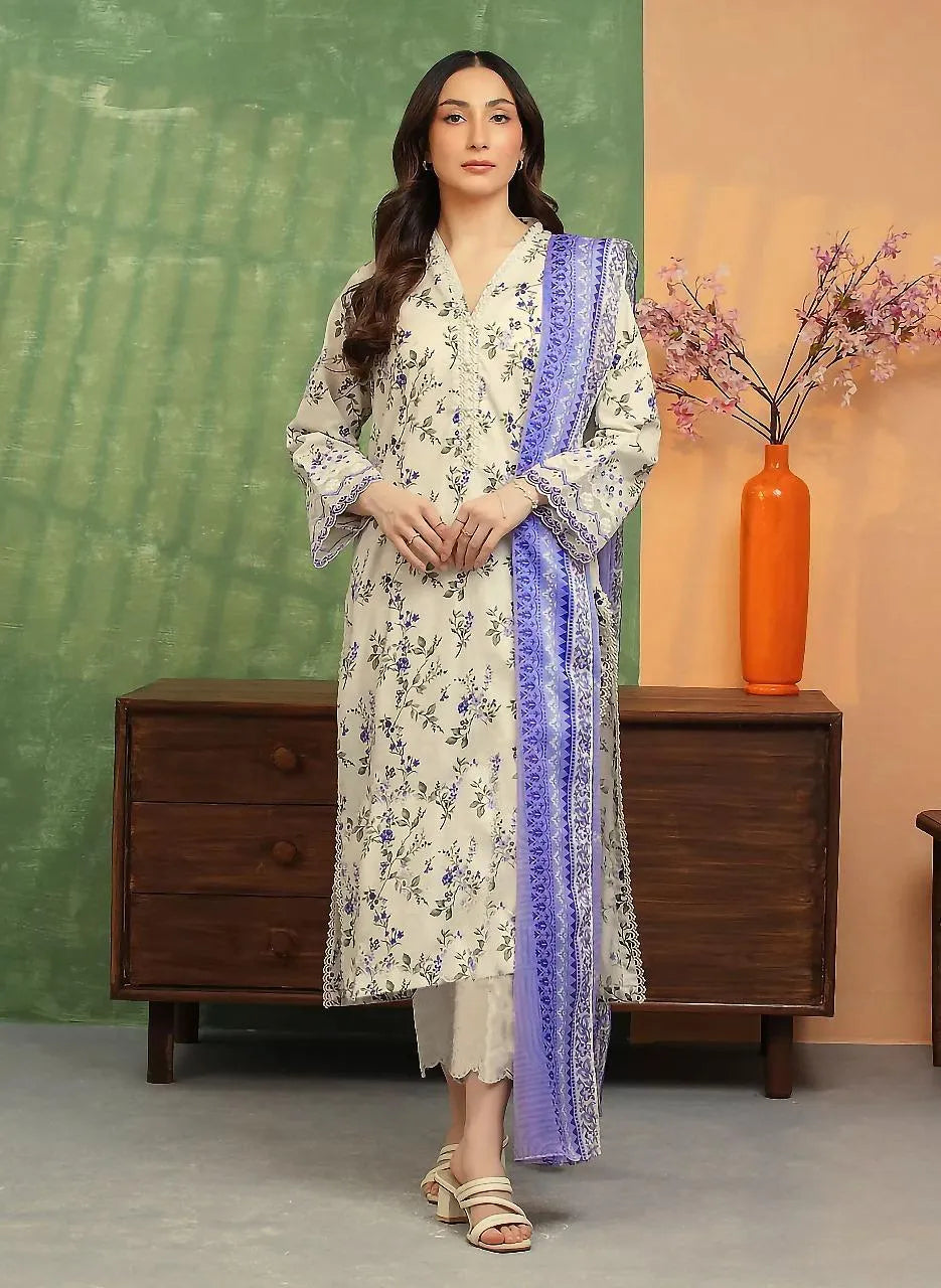 Unstitched 3-Piece Linen Suit Off-White Blue Floral