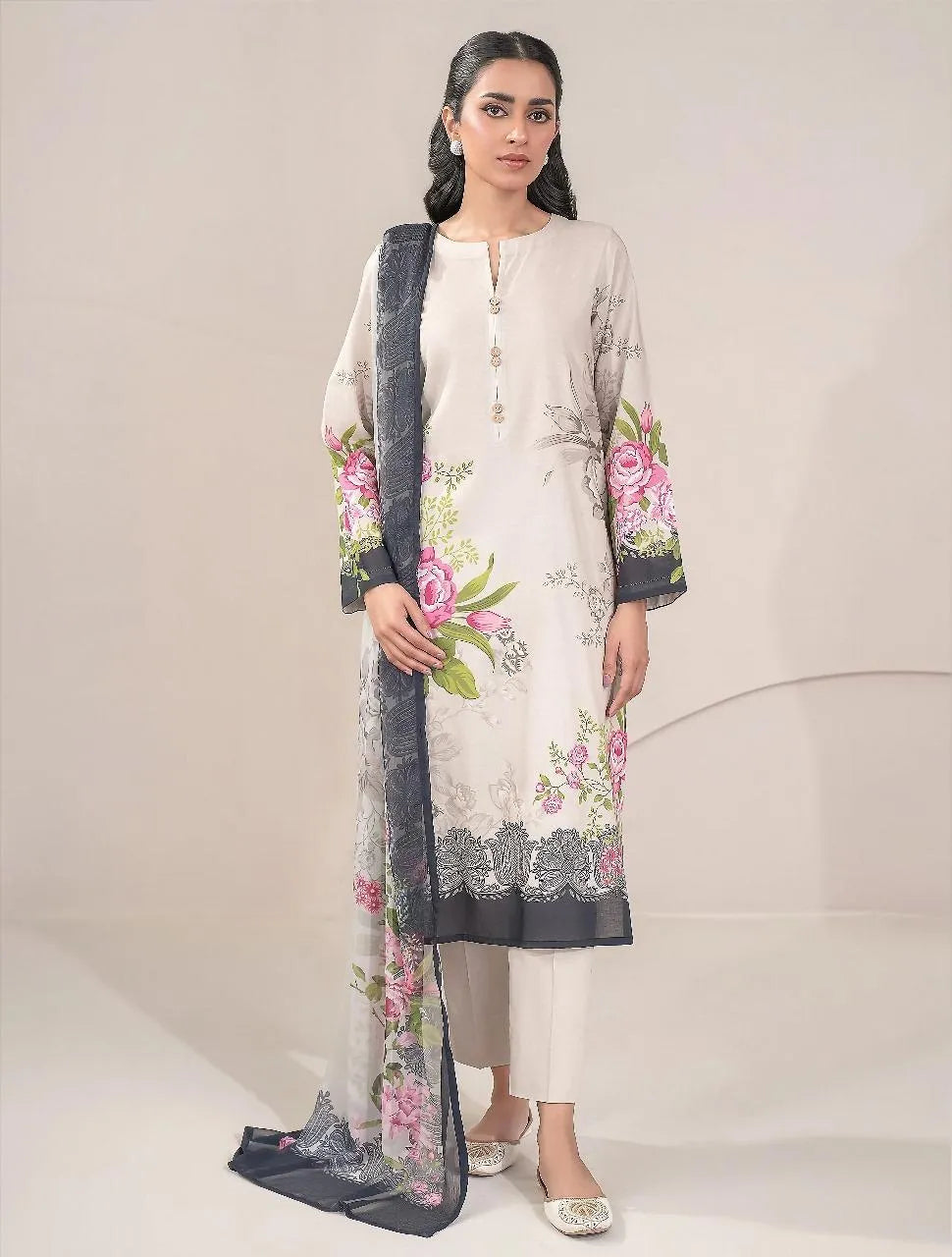 3-Piece Linen Floral Suit Off-White with Dupatta