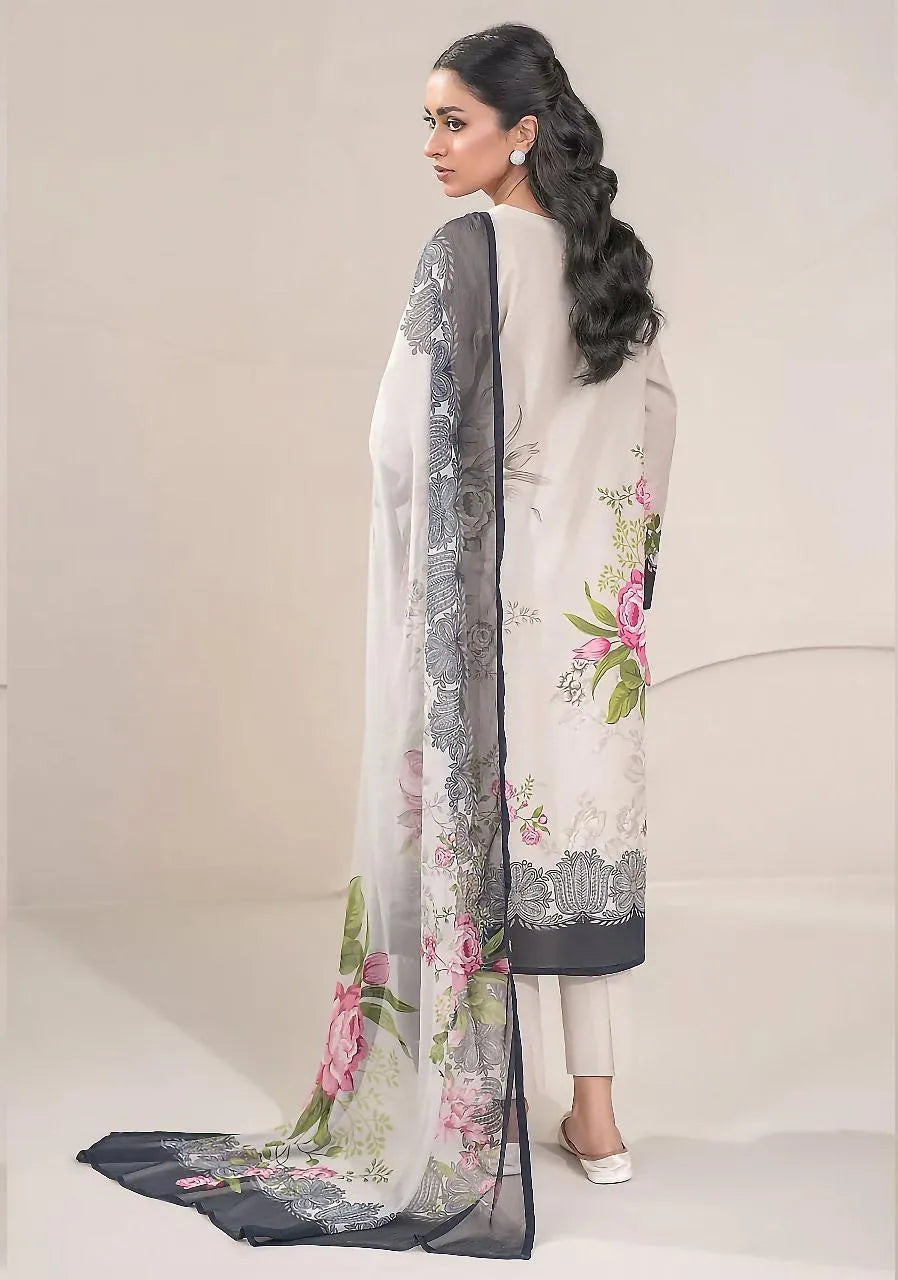 3-Piece Linen Floral Suit Off-White with Dupatta