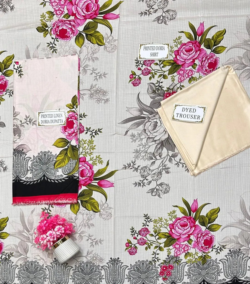 3-Piece Linen Floral Suit Off-White with Dupatta
