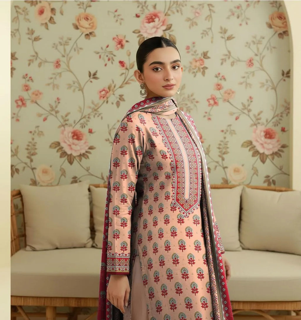 Peach Printed Lawn 3Pcs Shirt Dupatta Trouser Set