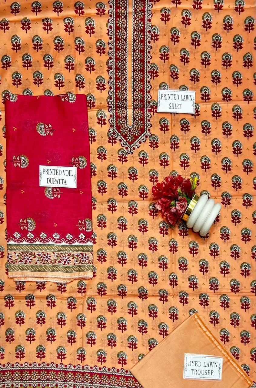 Peach Printed Lawn 3Pcs Shirt Dupatta Trouser Set