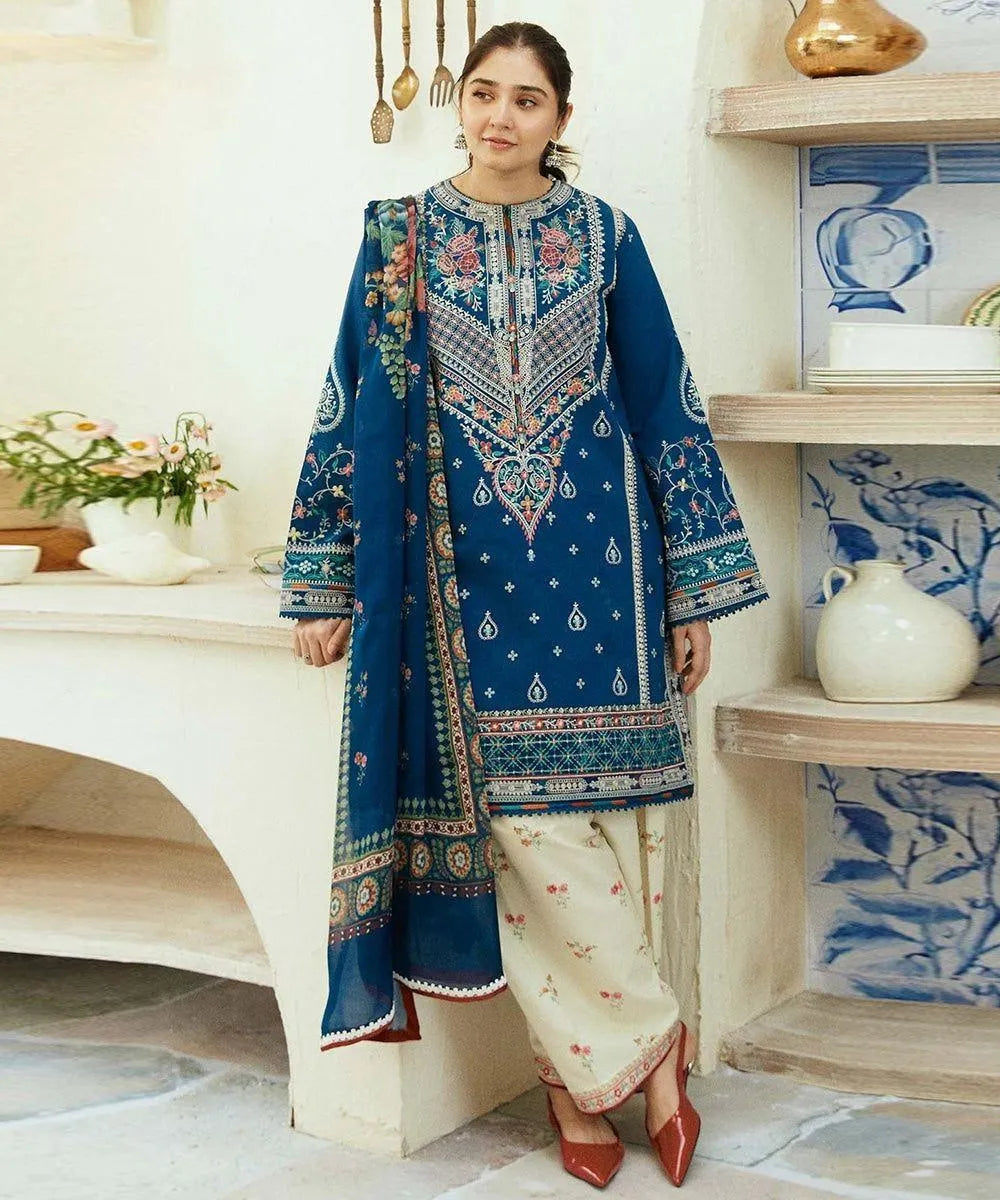 Blue Embroidered 3-Piece Lawn Suit for Women