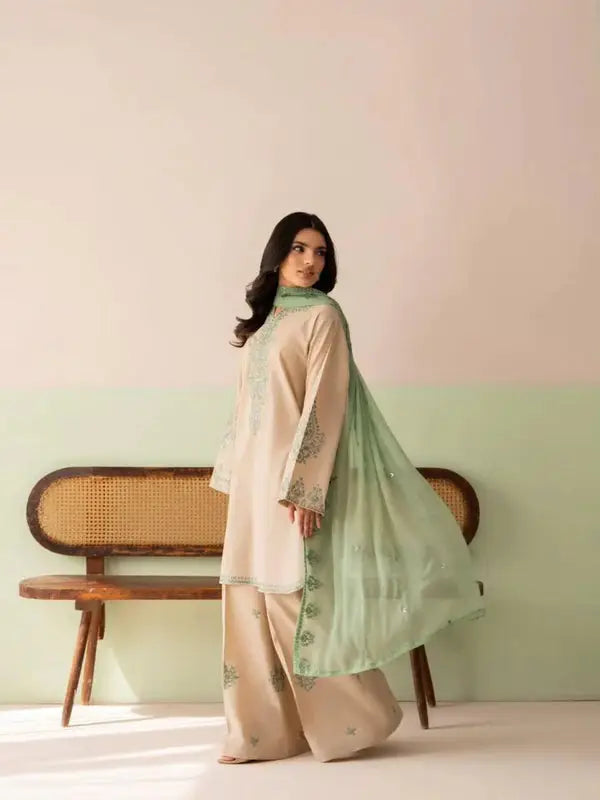 3 Pcs Women's Stitched Cotton Embroidered Suit