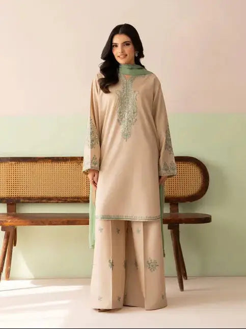 3 Pcs Women's Stitched Cotton Embroidered Suit