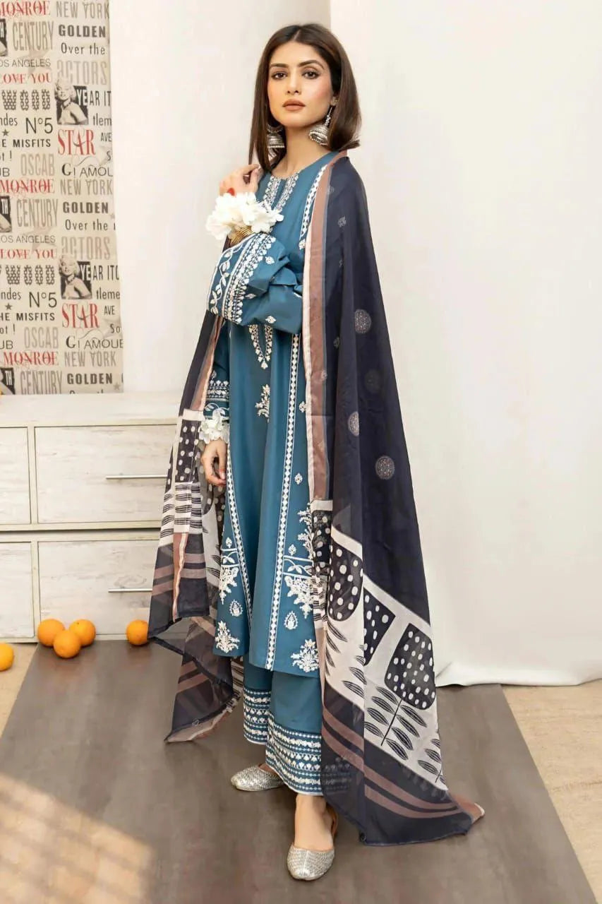 Blue Embroidered 3-Piece Women's Lawn Suit with Printed Dupatta