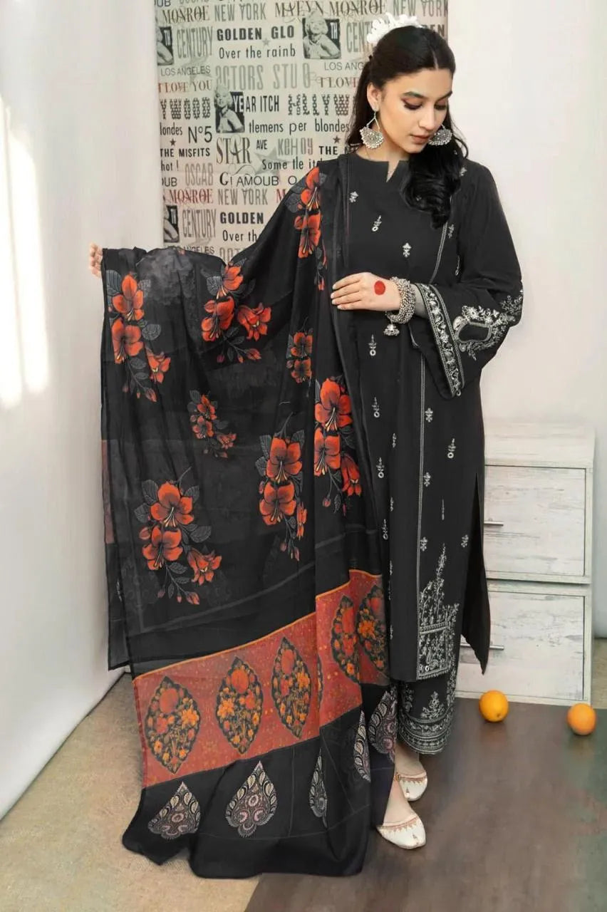 Black Printed Lawn 3-Piece Suit with Red Embroidery