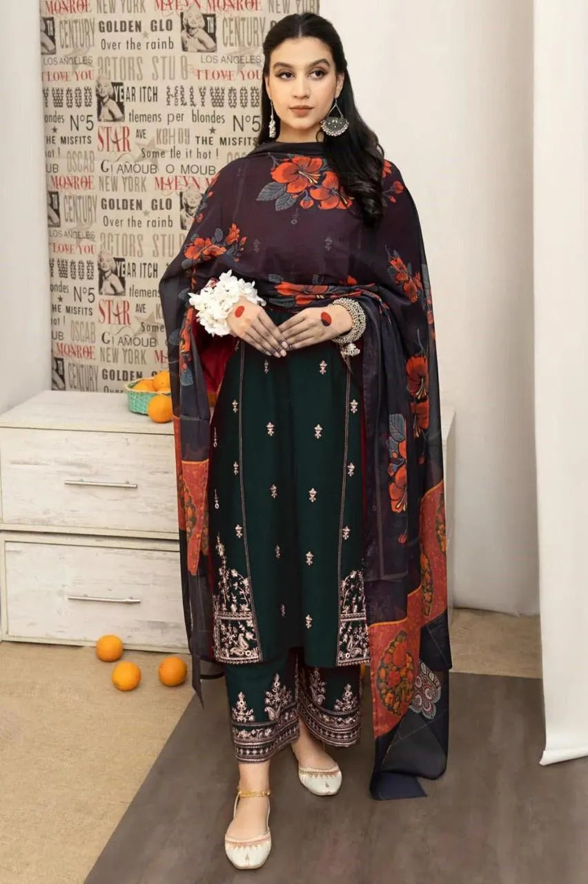 Black Printed Lawn 3-Piece Suit with Red Embroidery
