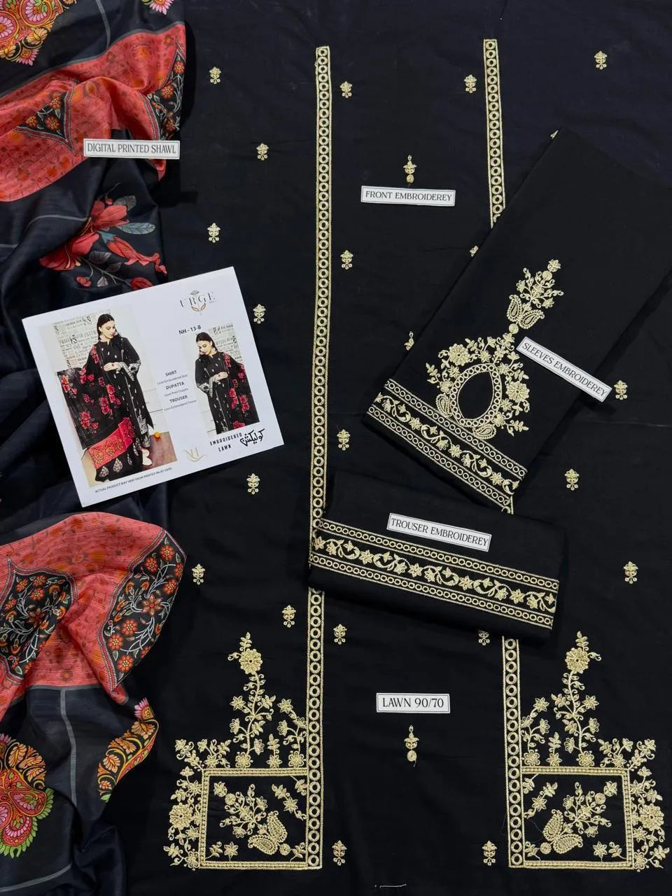 Black Printed Lawn 3-Piece Suit with Red Embroidery