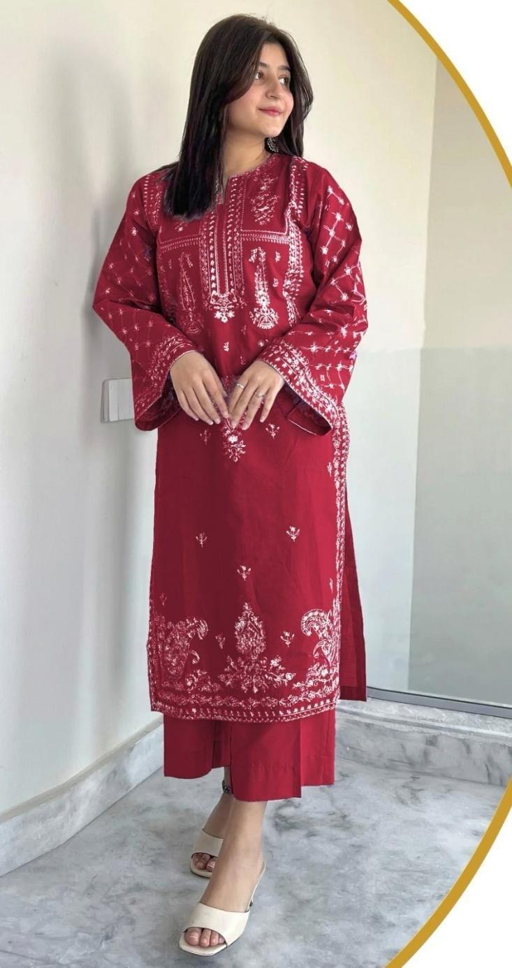 Red Embroidered Lawn Suit for Women Wedding Party Wear