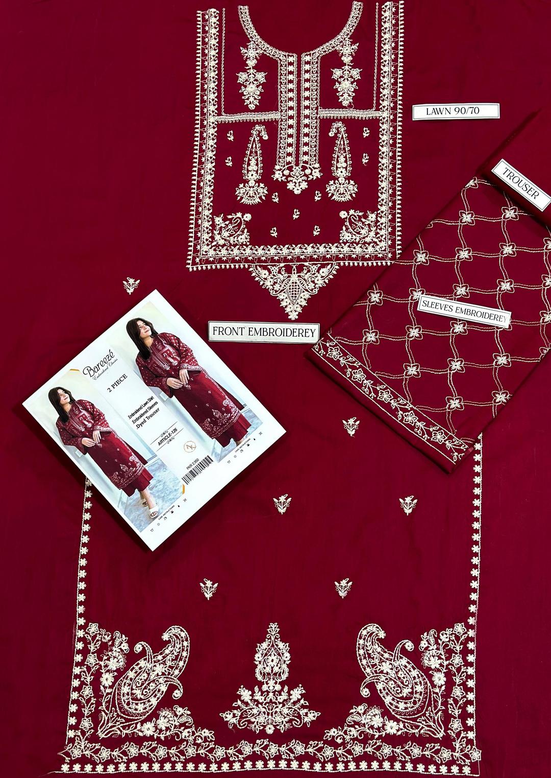 Red Embroidered Lawn Suit for Women Wedding Party Wear
