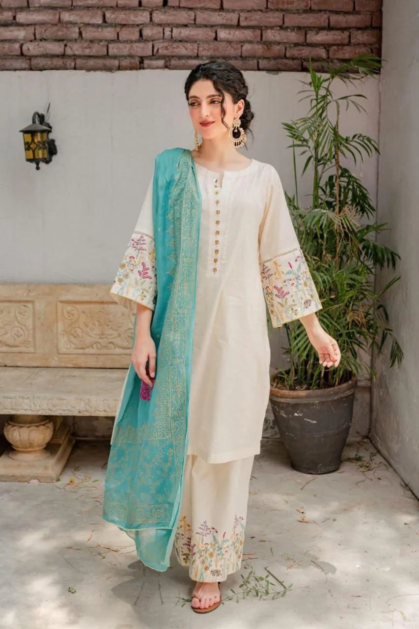 Women's 3-Piece Embroidered Lawn Suit with Turquoise Dupatta