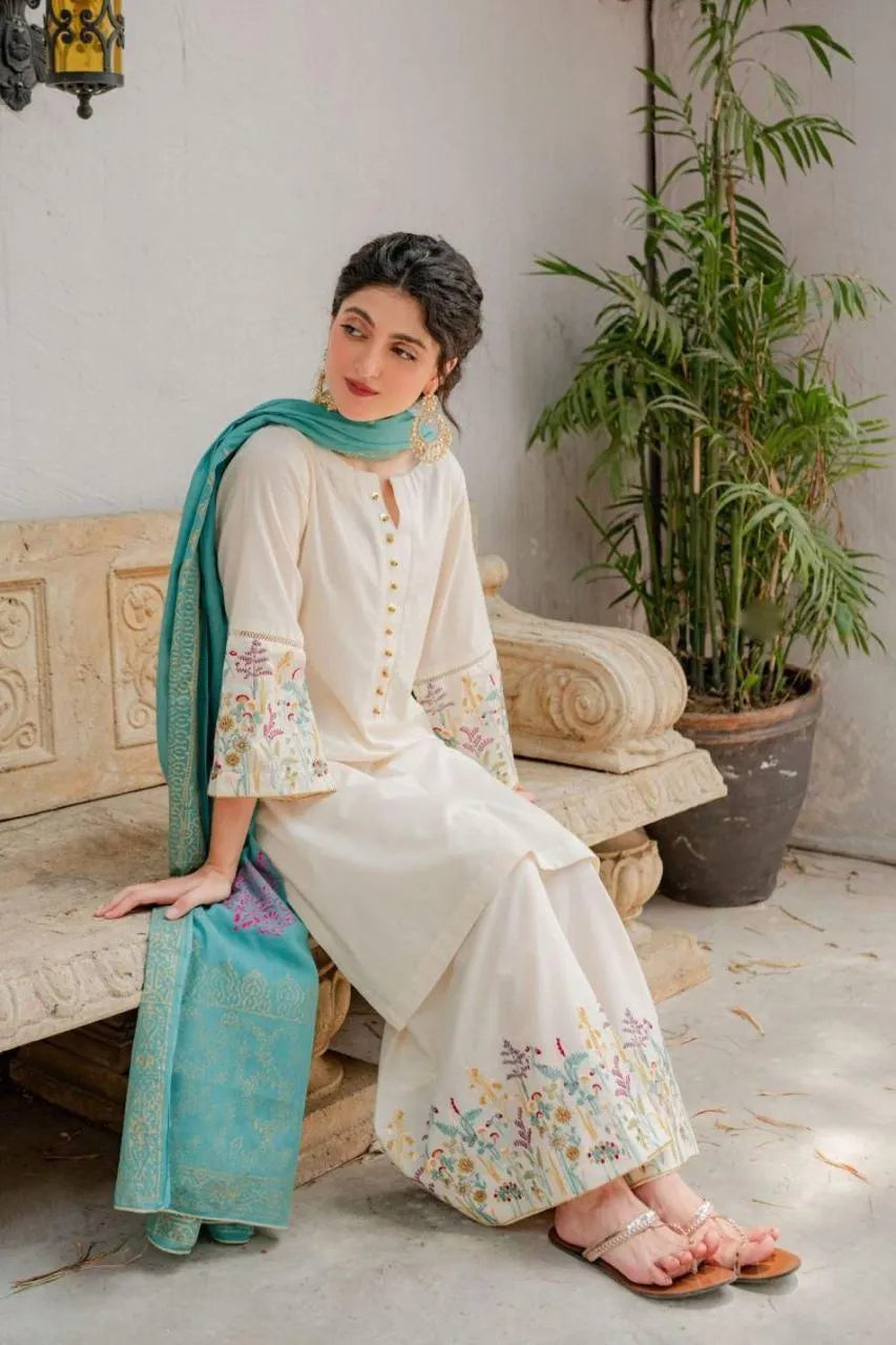 Women's 3-Piece Embroidered Lawn Suit with Turquoise Dupatta